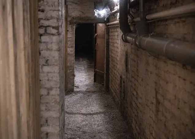 A narrow brick corridor leading to an open doorway