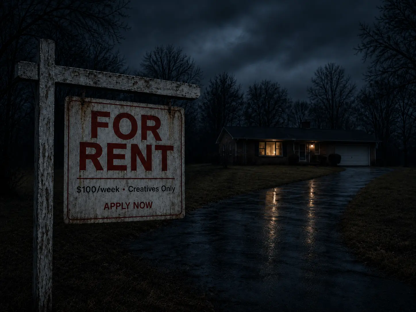 A suburban house at night behind a weathered For Rent sign